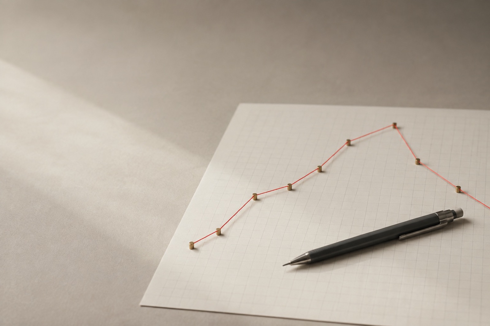 Brass pins and red thread plotting a curve on grid paper